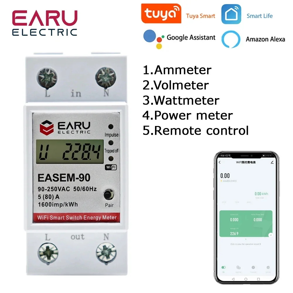 WiFi Smart Power Energy Meter Consumption kWh Voltmeter 90-250V Din Rail Remote Control Switch Smart Life Tuya Alexa Google Home