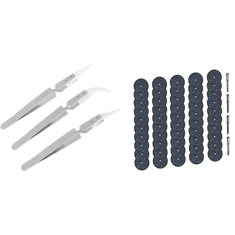 

3 Pcs Antistatic Ceramic Tweezers Inverted Tweezers & 50 Pcs 32Mm Fiberglass Reinforced Cutting Disc