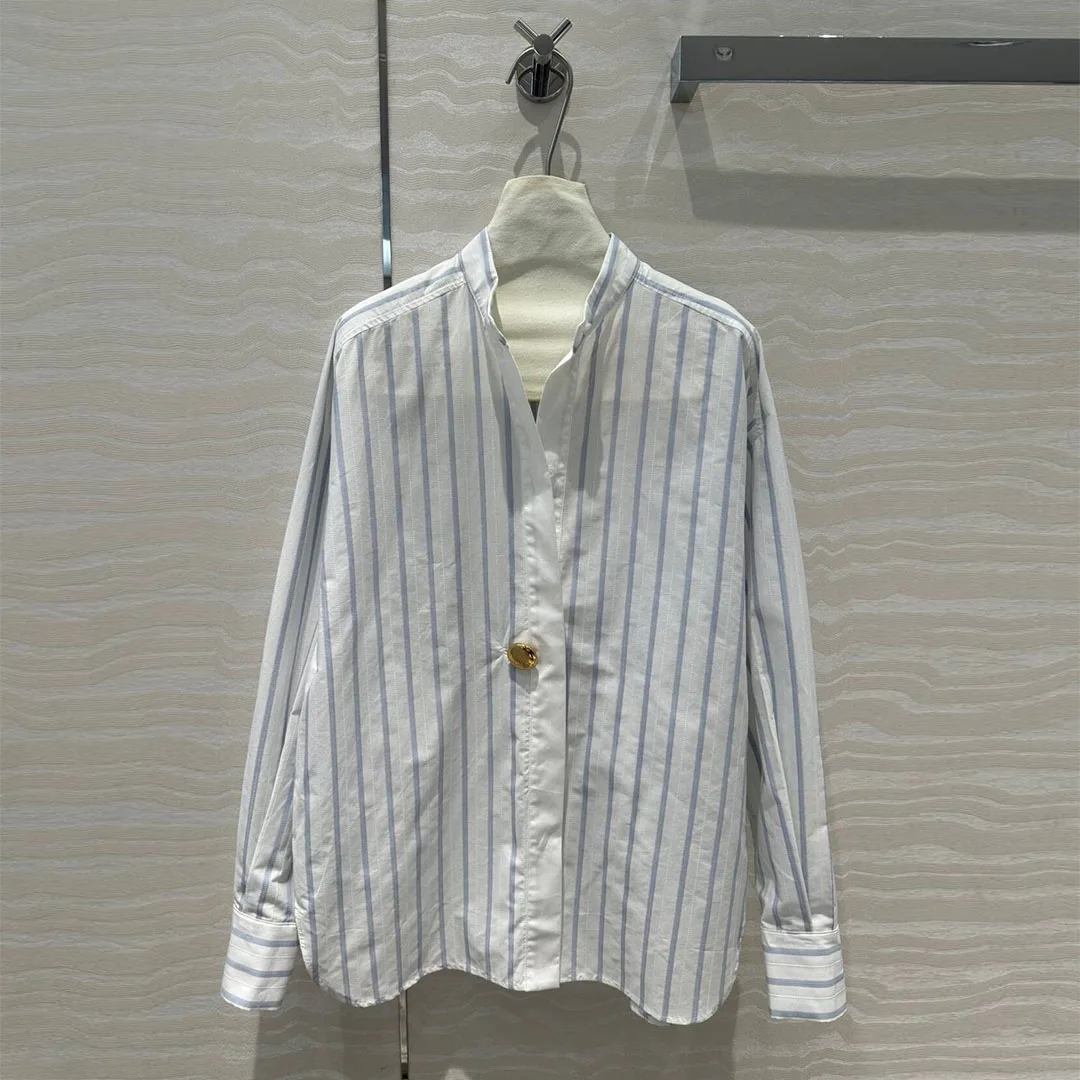 

2024 New Autumn Fashion Stand Collar Gold Button Long Sleeve Shirt Women Cotton Loose Blue Vertical Stripes Causual Chic T-shirt