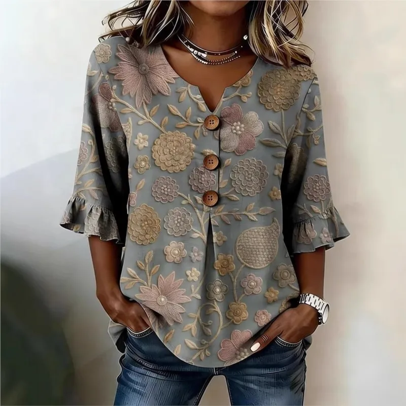 

Women's Summer Tops Casual Short Sleeve Blouses Button Down Shirts Vintage Flower Print Pullover Tops Vacation Women Clothing
