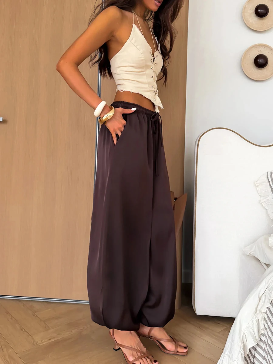 2026 Summer Women Harem Pants High Waist Drawstring Loose Wide Leg Trousers Green Casual Beach Vacation Outfit