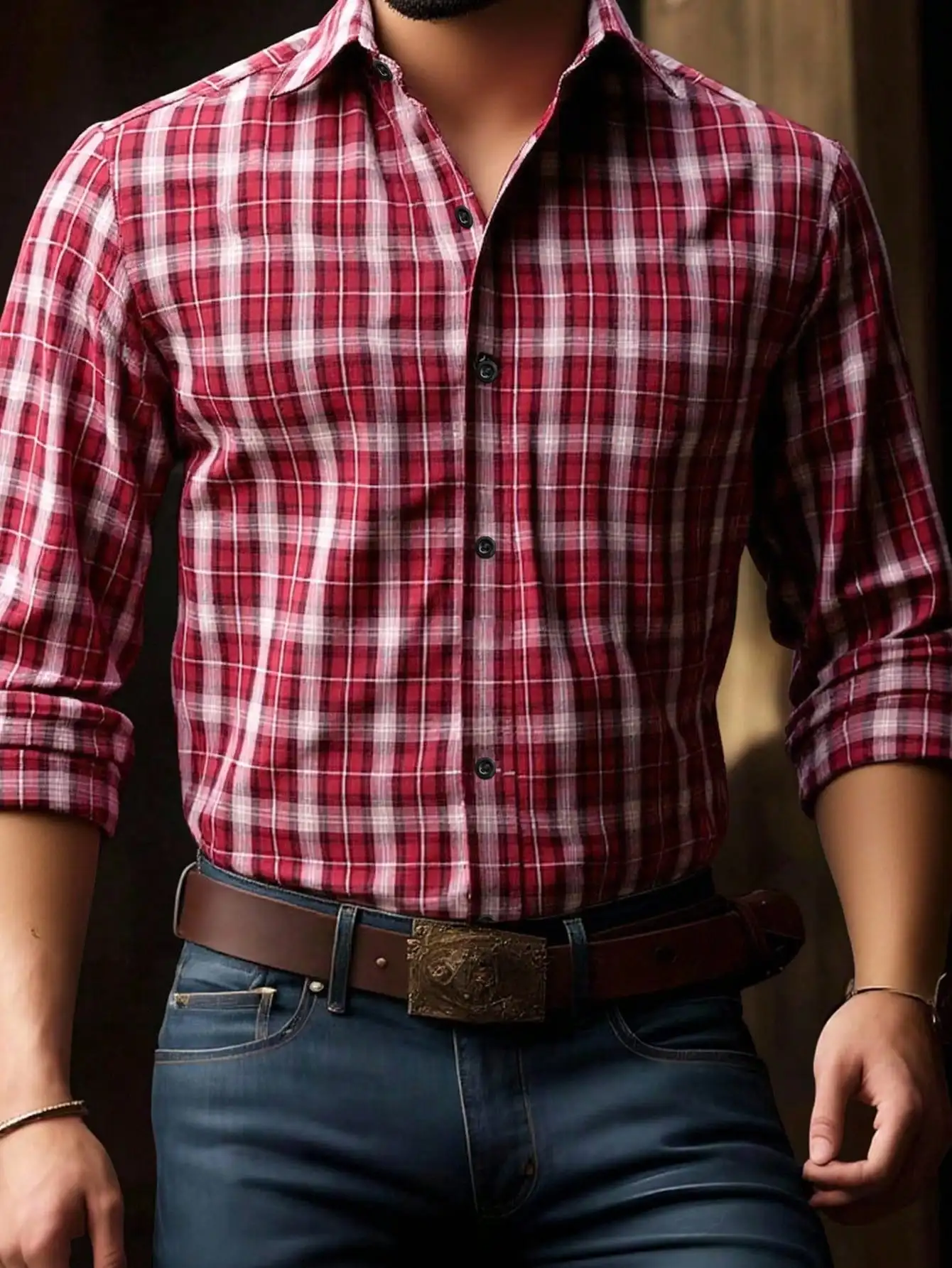 

Men's Red White Plaid Long Sleeve Casual Western Shirt, Loose Fit for Fall & Holiday