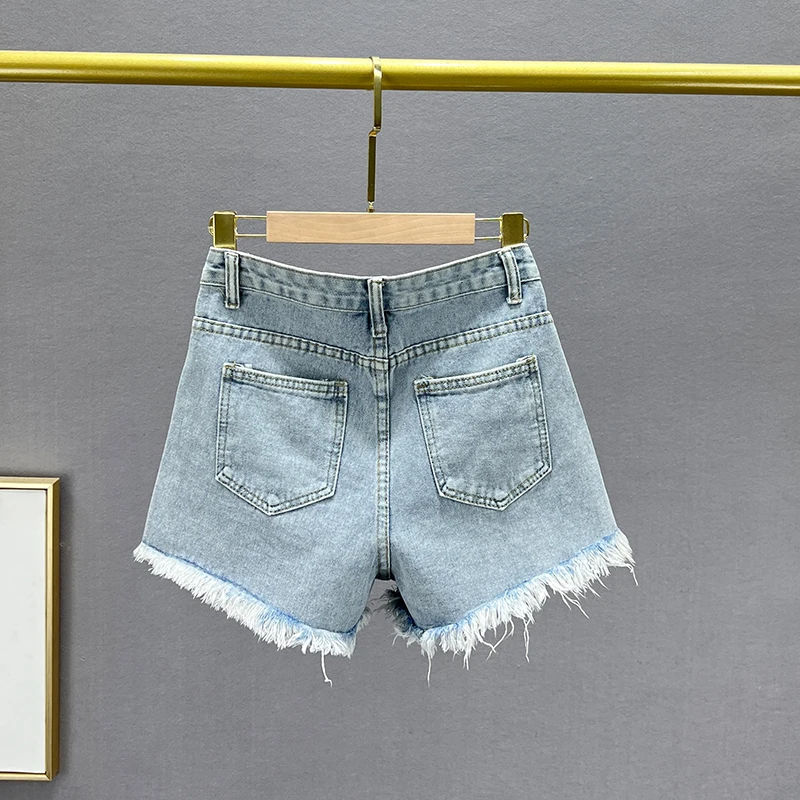 Imagem -04 - Calção Jeans Feminina de Diamante Borla Cintura Alta Emagrecedor Estação Europeia Rasgada Calça Quente de Linha a na Moda Verão Novo 2023