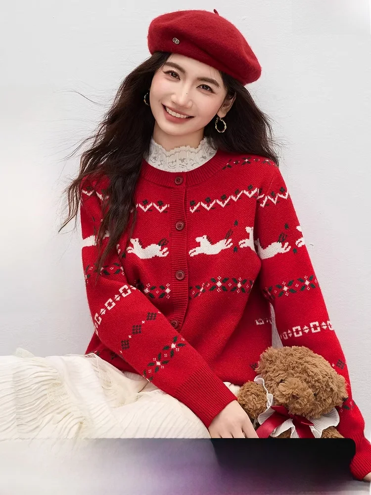 

Свитер женский вязаный Iceland Series Cisas New Year Aosphere Fair Isle, зимний, с круглым вырезом, красный, открытый кардиган с длинными рукавами