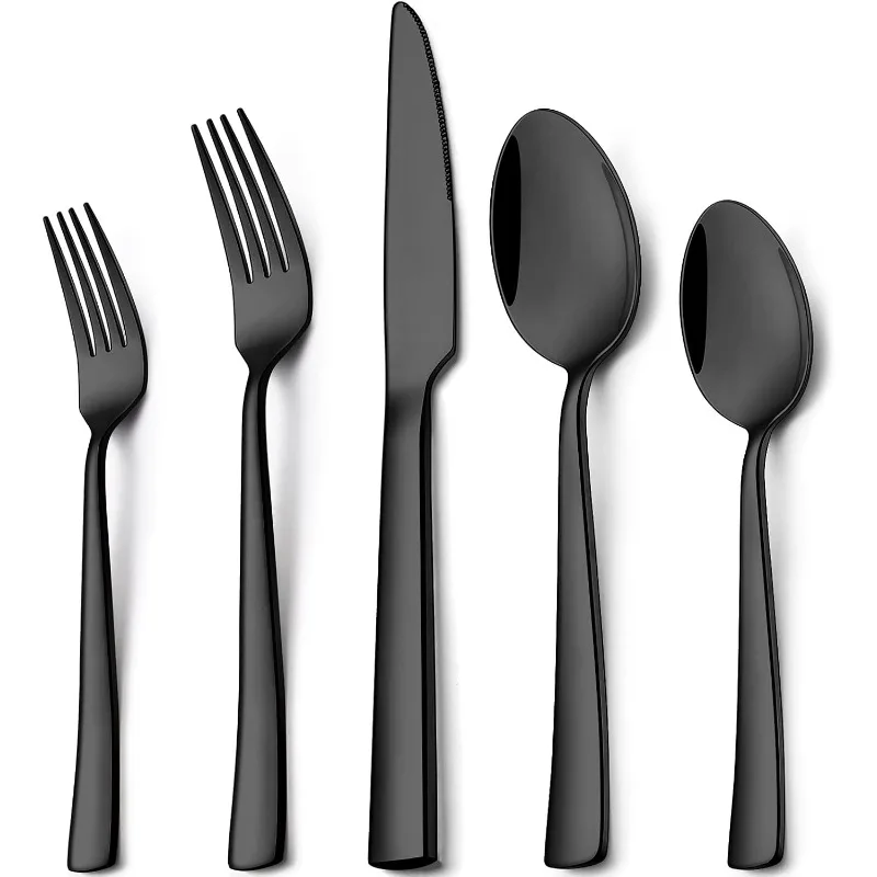 

60-Piece Black Silverware Set, Stainless Steel Flatware Square Cutlery Set Service for 12, Eating Utensils Include Knife