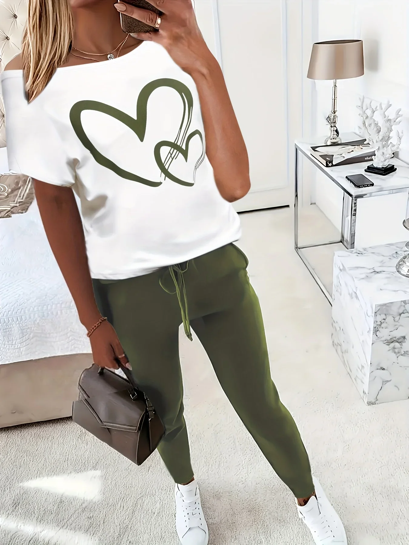 Conjuntos de 2 peças para mulheres, roupas com gráficos impressos, camiseta verde oliva, calças de moletom, conjunto casual de duas peças, conjuntos de correspondência