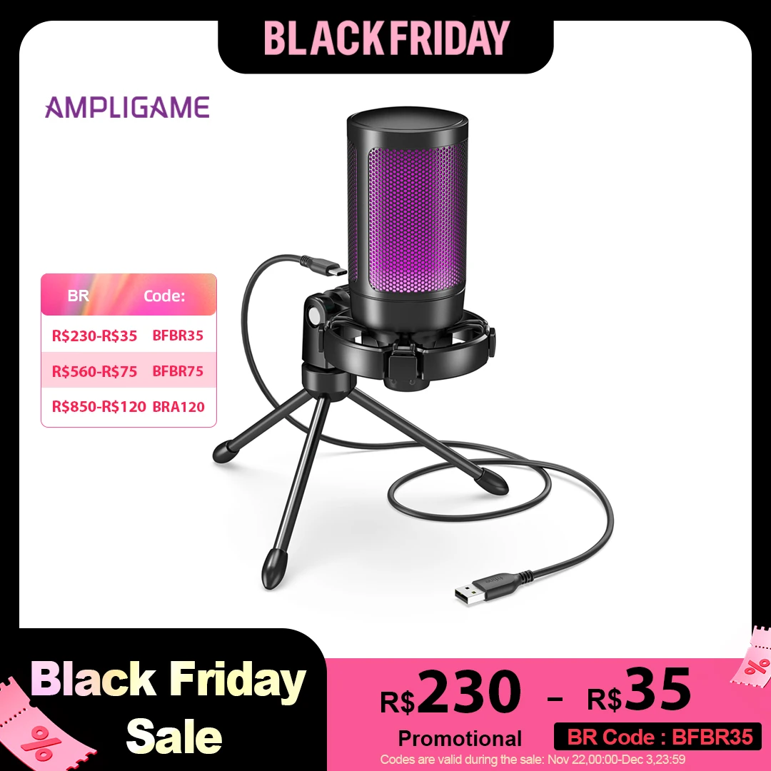 AmpliGame by FIFINE RGB USB Gaming Microphone with Light-touch Mute,Condenser Mic with Tripod for PC,PS4/5,Laptop Streaming-A2