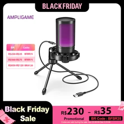 AmpliGame by FIFINE RGB USB Gaming Microphone with Light-touch Mute,Condenser Mic with Tripod for PC,PS4/5,Laptop Streaming-A2