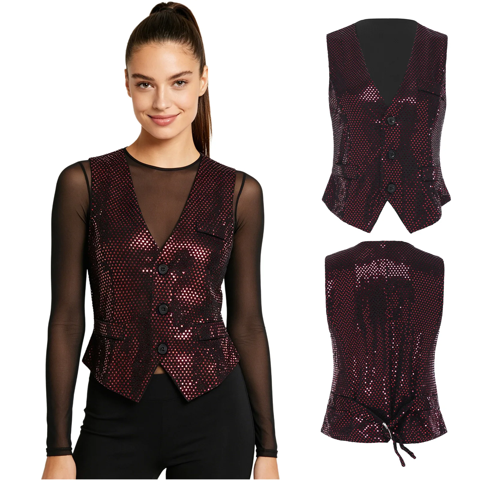 

Women Glitter Sequin Blazer Vest Dance Disco Tops V Neck Button-down Fully Lining Waistcoat Tank Top Jazz Tango Latin Dancewear