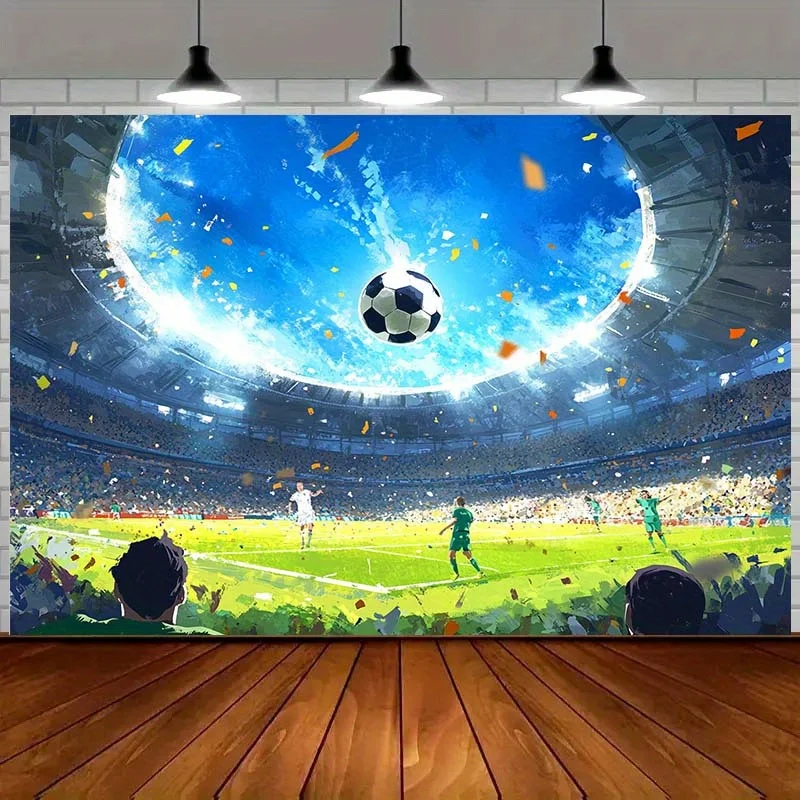 Anime Style Football Stadium Tapestry, Colorful Soccer Match with Players and Cheering Crowd Print Wall Hanging for Teen Bedroom