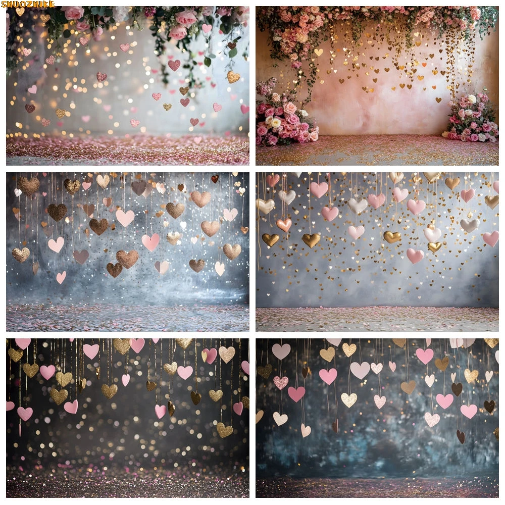 

February 14th Valentine's Day Backdrop Glitter Light Bokeh Love Heart Flowers Valentine Couple Portrait Photography Background