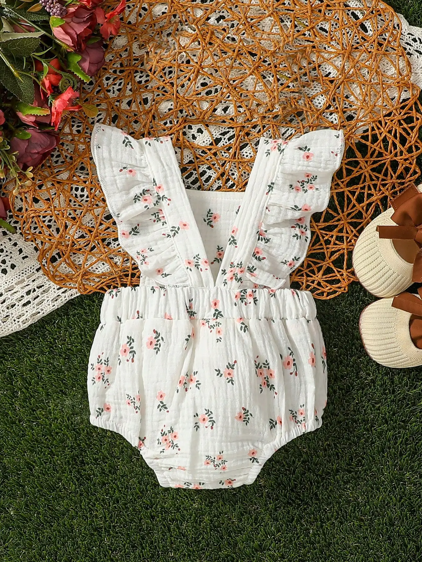 Baby Cute Girl Summer Clothes Ruffled Sleeves Floral Jumpsuit Romper Outfit Set  (Without Headband)