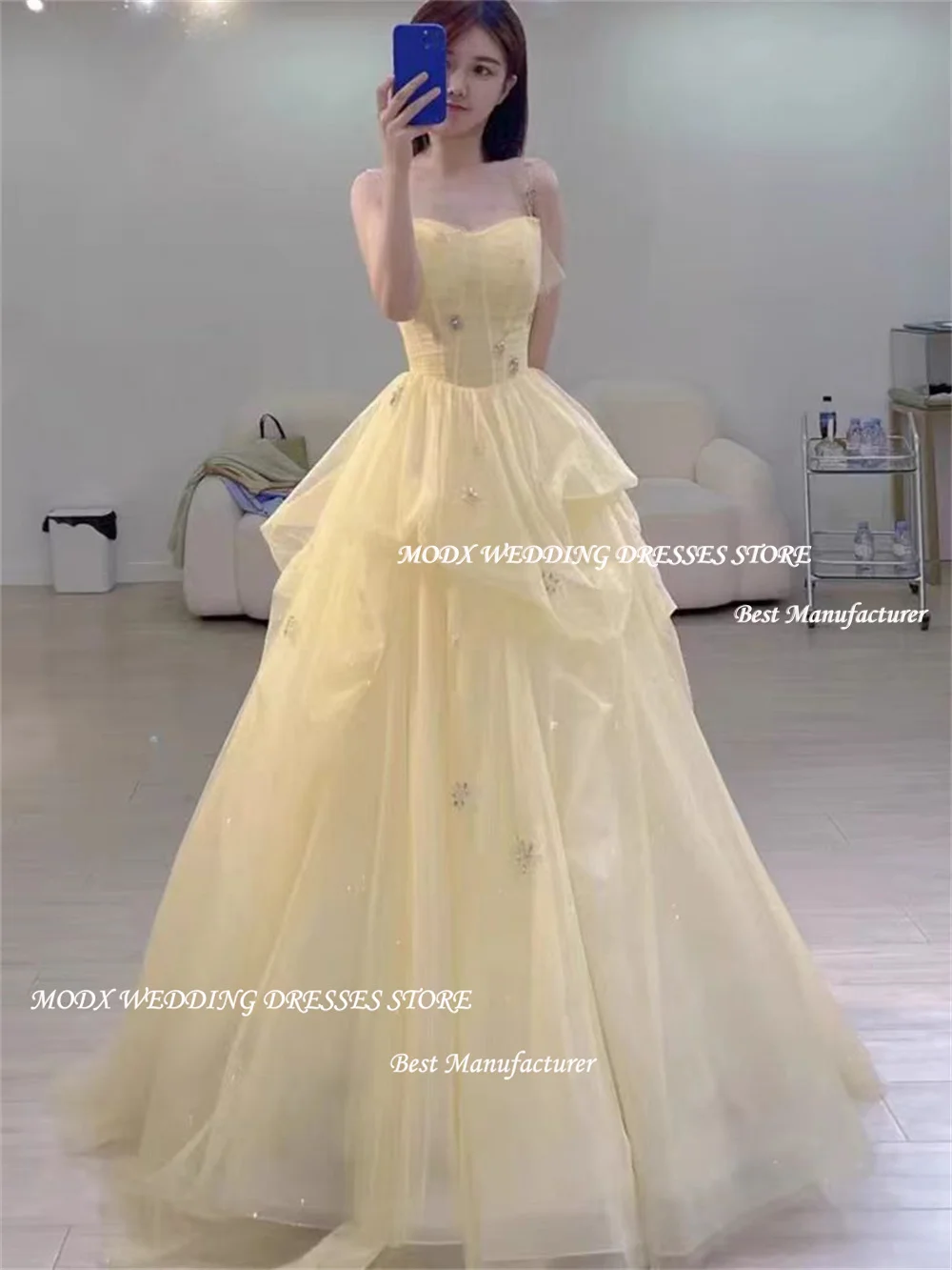 MODX Giallo Bellissimo ed elegante abito da sposa coreano con cinturino per spaghetti Applique in organza Piega A-line Abito da sposa lungo fino al pavimento
