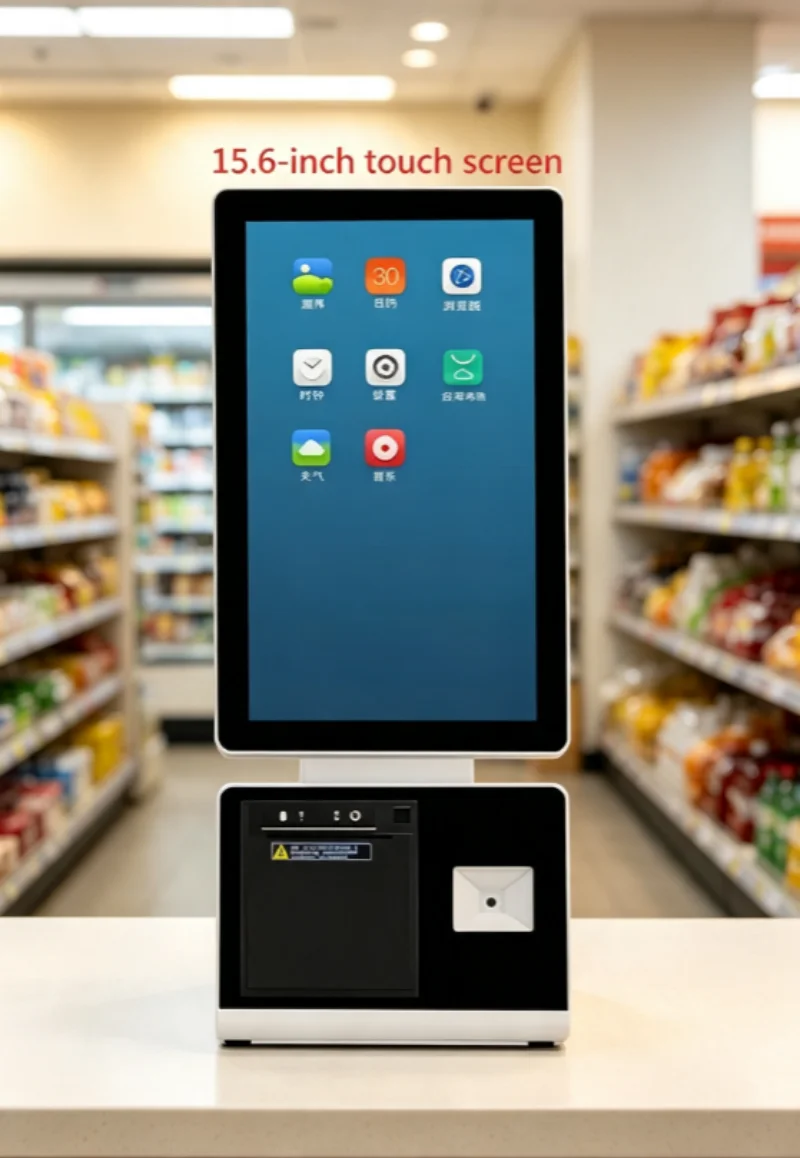 Terminais POS tudo-em-um com tela sensível ao toque de 15,6 ou 11,6 polegadas, impressora e scanner integrados, terminal POS de mesa.