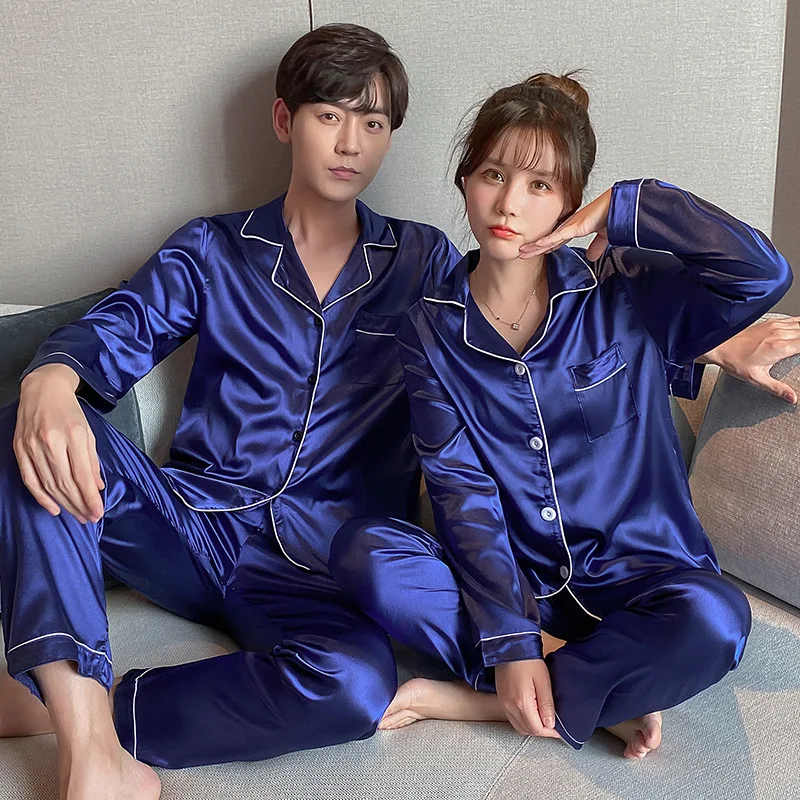 Couple New Pajamas Ladies Artificial Silk Thin Men\'s Lapels Long Sleeves Trousers Spring Autumn Summer Loungewear Ice Valentine\'