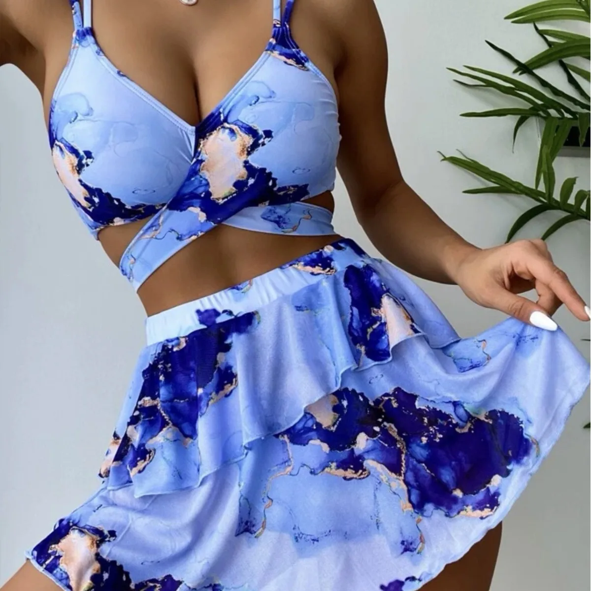 Damski strój kąpielowy 3-częściowy: bikini, spódniczka, wzór marmuru, seksowne wiązanie krzyżowe, lato 2025