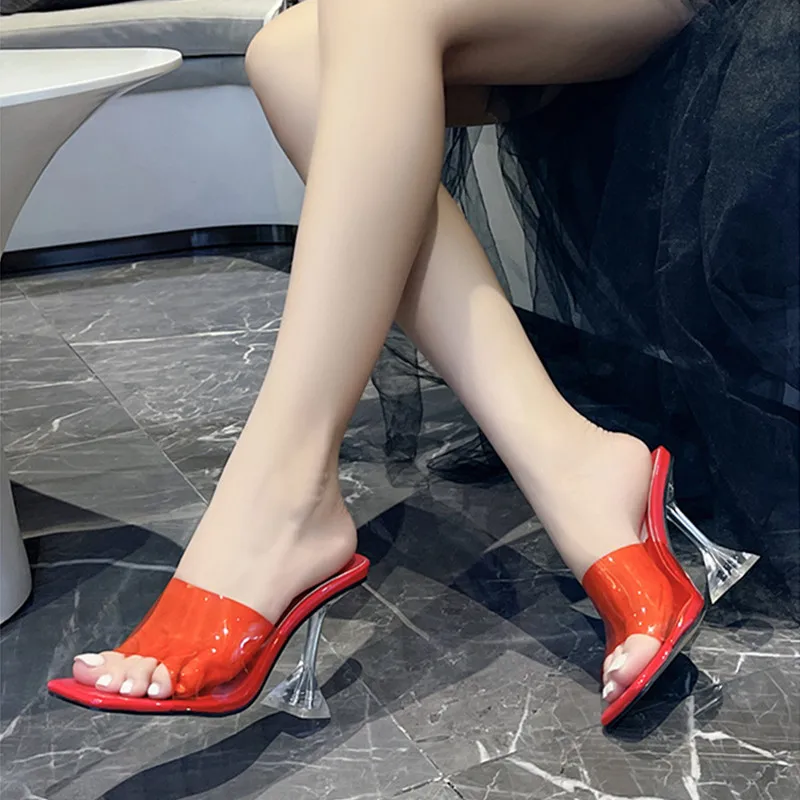 Fashion Square toe Soft PVC Women Sandals Crystal Clear High Heels Mules Slides Summer Outside Female Vacation Beach Shoes