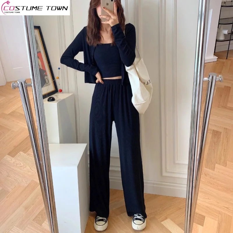 

Fashion Wide Leg Pants Three Piece Set 2023 Spring and Autumn New Korean Edition Sports and Leisure Set for Women