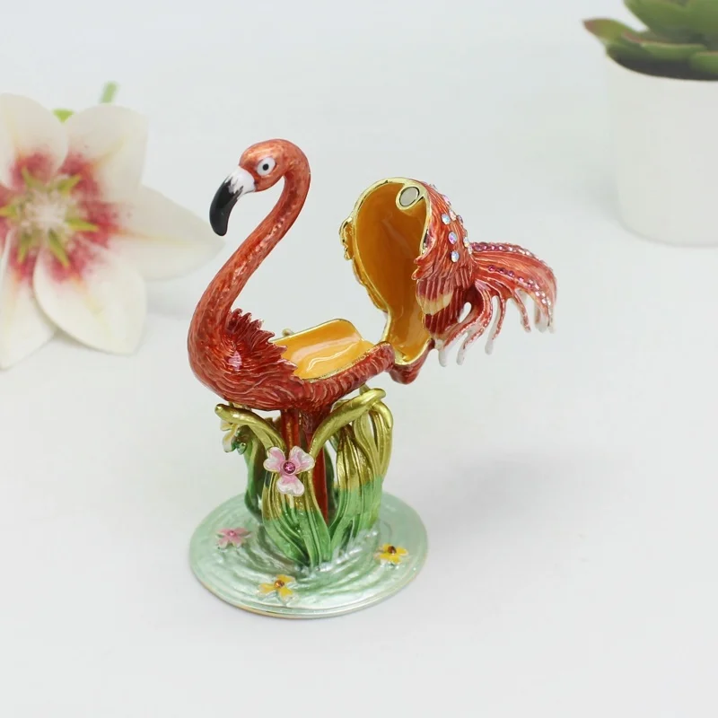 SHINNYGIFTS Flamingo Trinket Box Metal Enameled Bird Animal Figurines Collectable Wedding Jewelry Ring Holder Organizer