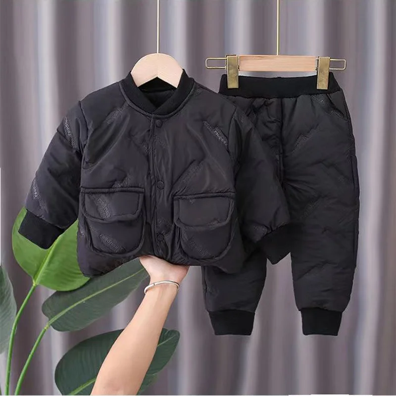 Autumn Winter Quilted Warm Suit Pure Color Casual Wear Boys Girls Tops Pants Warm Breathable Long-Sleeved Clothes Trous