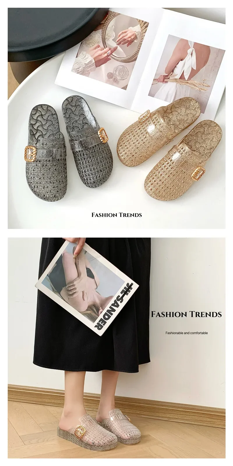 2026 Damen Jelly-Kristall-Pantoletten mit offener Zehenpartie, neuer Sommerstil, modische Damen-Strandsandalen, hohles Design, rutschfest. – Detail 3