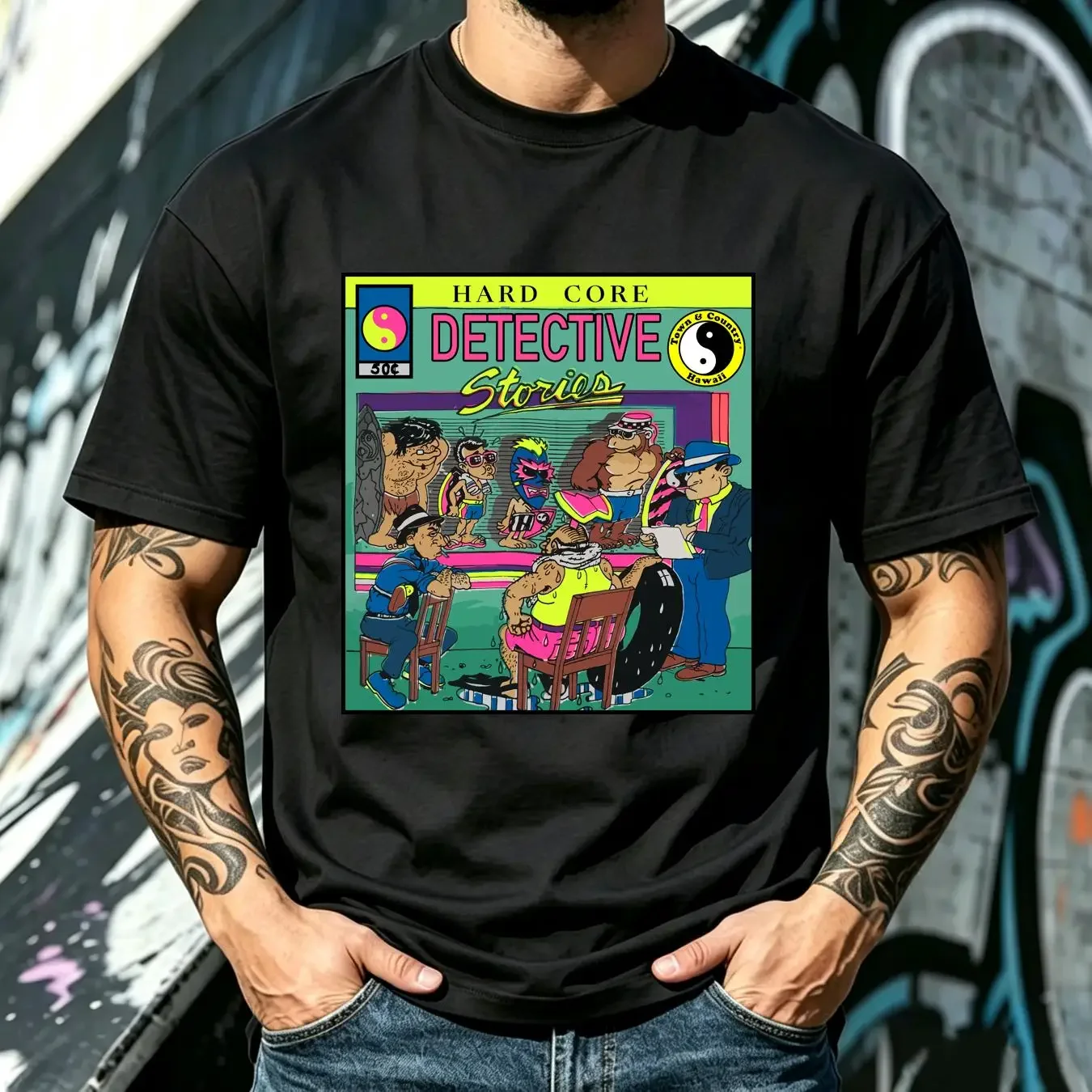 washed T Shirt Vintage C Town And Country Hard Core Detective Stories Surf Skate vintage Washed Breathable Stretched graphic
