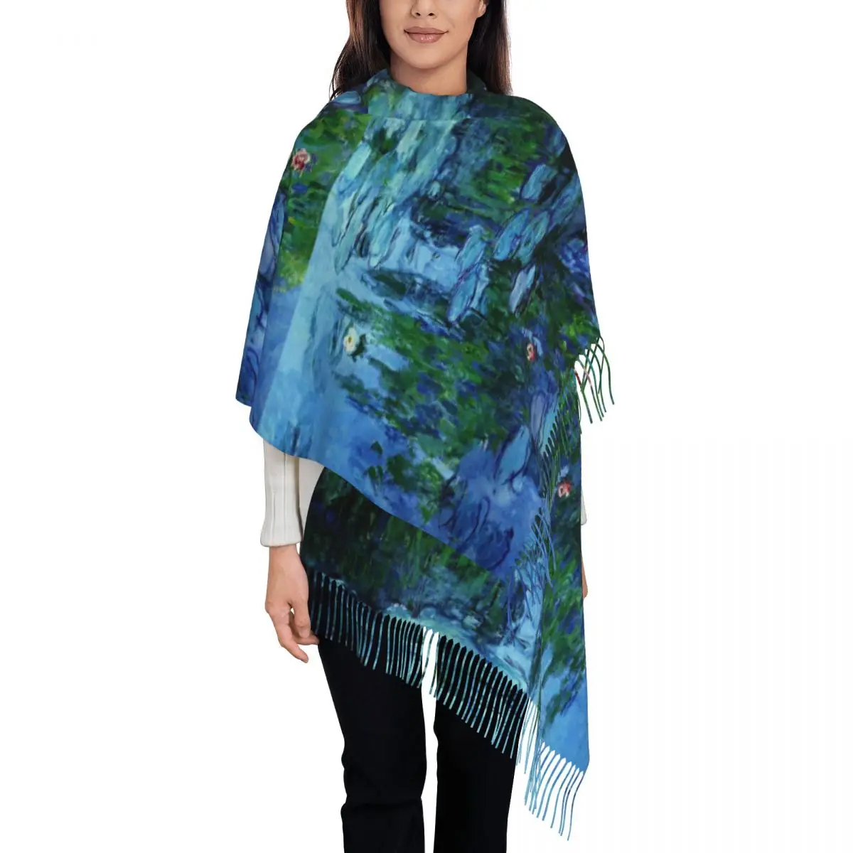 Female Long Water Lilies Claude Monet Scarf Tassel Scarves Women Soft Warm Shawls and Wraps Long Fall Winter Shawl Wrap