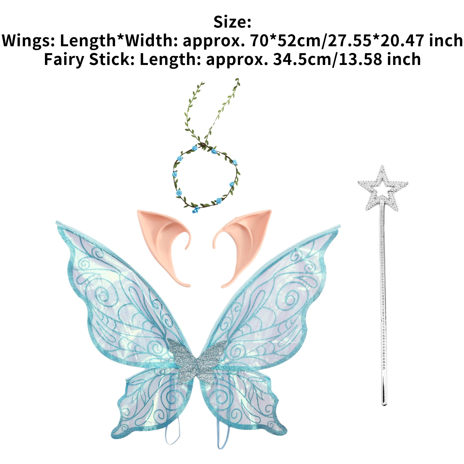 Sparkle Princess Angel Wing Halloween Cosplay Butterfly Fairy Wings with Elf Ears Fairy Stick Garland Headband Wings Decor Gifts