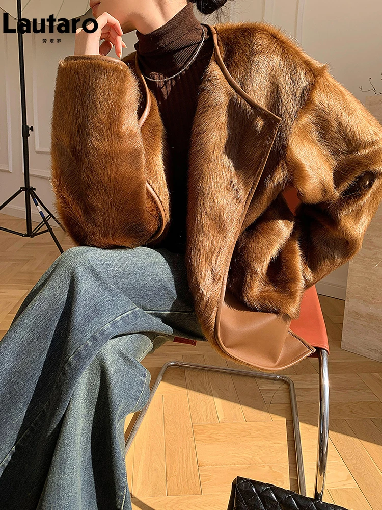 Lautaro outono inverno colorido grosso quente macio marrom falso casaco de pele de vison feminino elegante designer de luxo chique jaqueta fofa 2025
