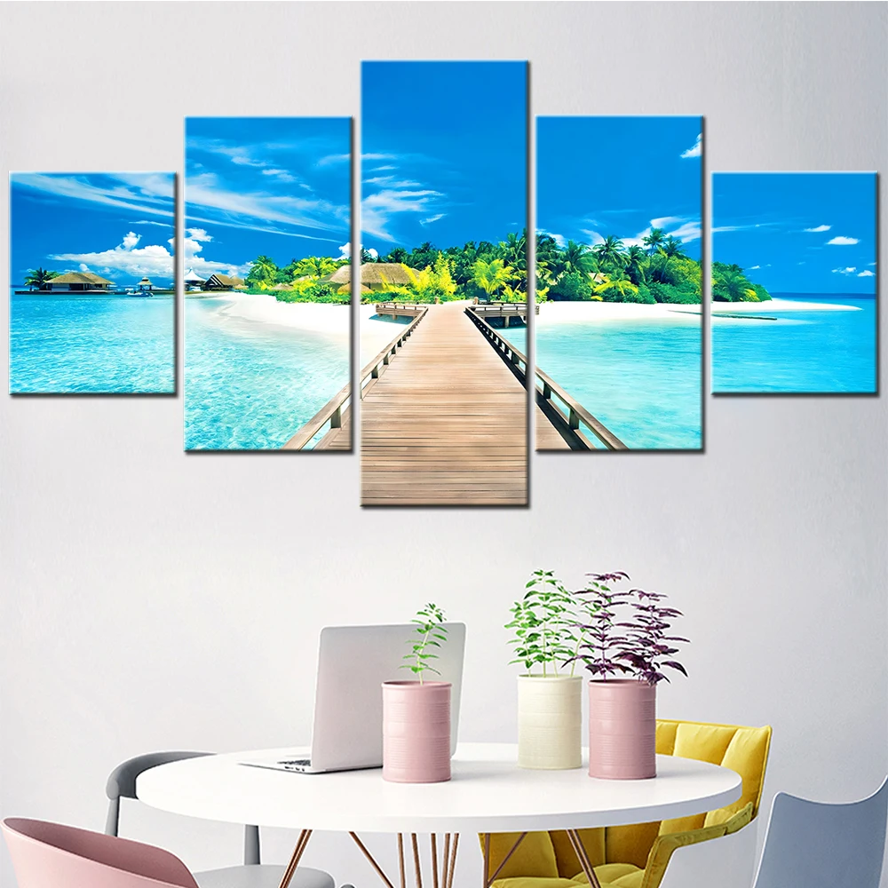 

5 Pieces Canvas Wall Art Home Decor Painting for Interior Bridge to Palms trees Tropical Island Picture Bedroom Decoration Frame