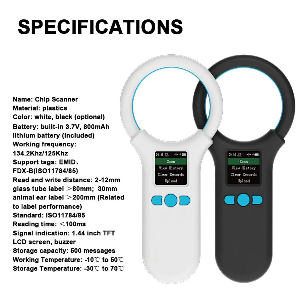 Handheld Animal Chip Scanner 1.4inch TFT Chip Reader Rechargeable Animal Tag Scanner Support EMID FDX-B ISO11784/85 Label Format