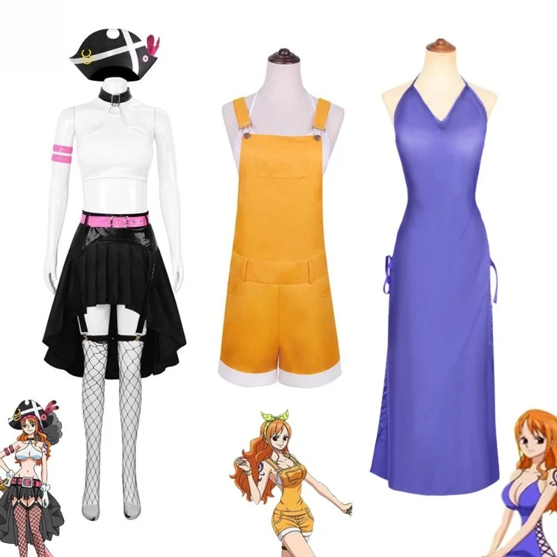 

Nami Cosplay Full-Set -Women Teens Straw Hat Pirates Stretchy Polyester Outfit with Orange Blue Print Anime Convention Halloween