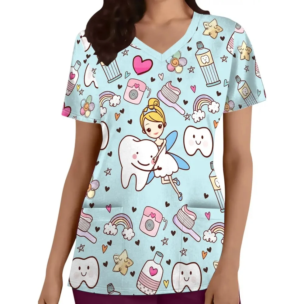 Clinical Uniform Woman Tooth Cartoon Print Microelastic V-Neck Dental Women's Scrub Fashion Short Sleeve Tops Surgical Uniforms