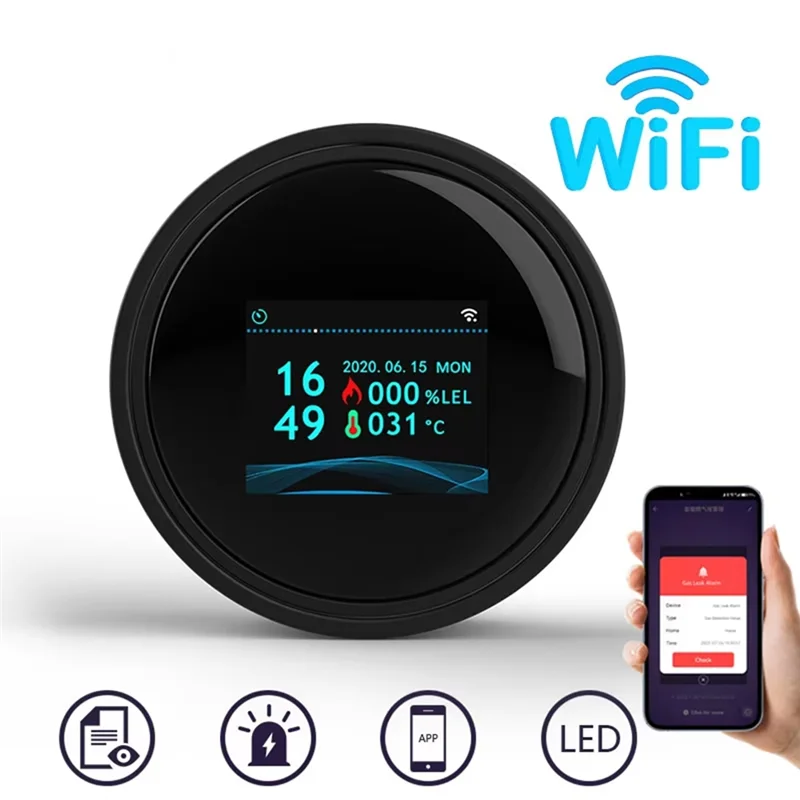 B92B-Wifi Sensor Gas Alam Tuya Alarm Pintar Detektor Kebocoran Gas Keamanan Kebakaran Tampilan Suhu LCD Digital