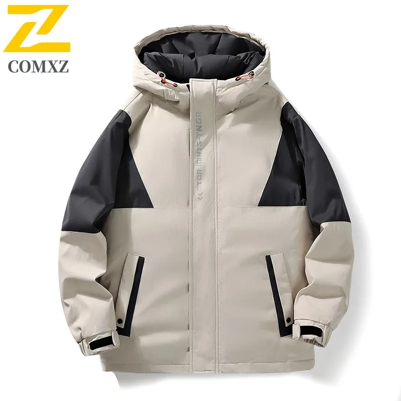 COMXZ 2025 Mens Puffer Jacket Fleece Thermal waterproof and windproof solid color leisure outdoor sports lightweight windbreaker