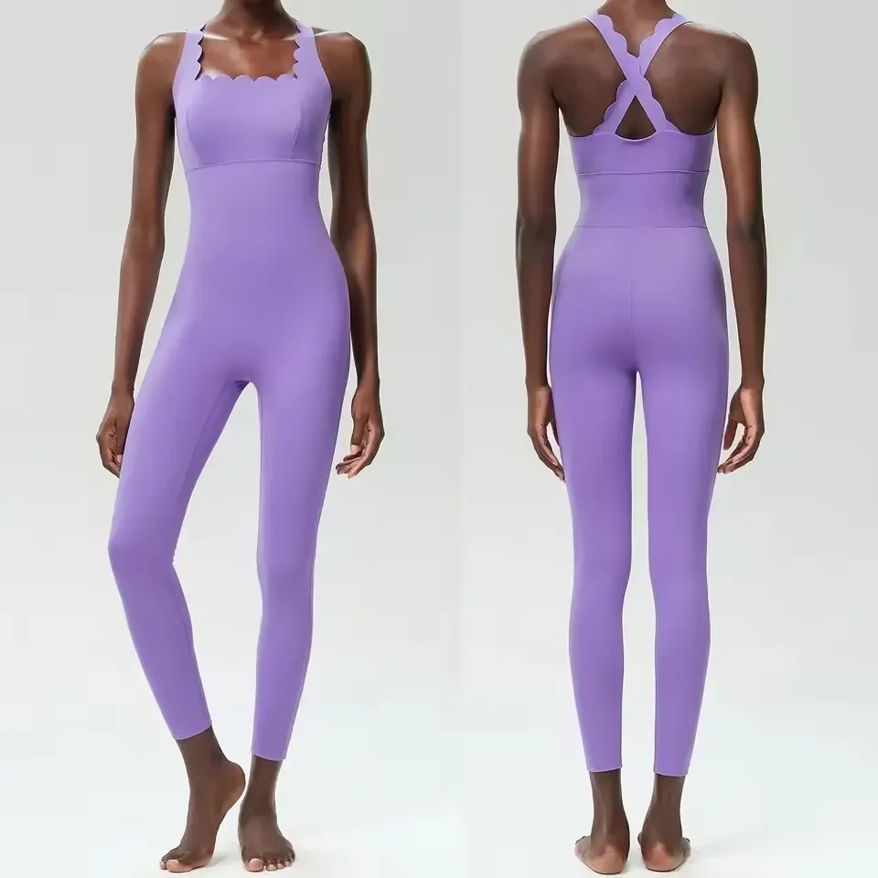 Yoga Exercise Fitness Suit with Lotus Hem and Chest Cushion Integrated New Jumpsuit Super Elastic Slim Fit Jumpsuit Dance Suit