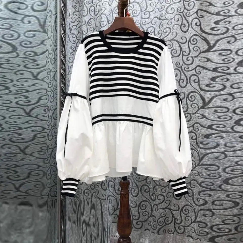 Spring Summer Women Striped Patchwork Shirt 2024 New Female Puff Sleeve Long Sleeve T-shirt Student Casual Blouse Plus-size Tops