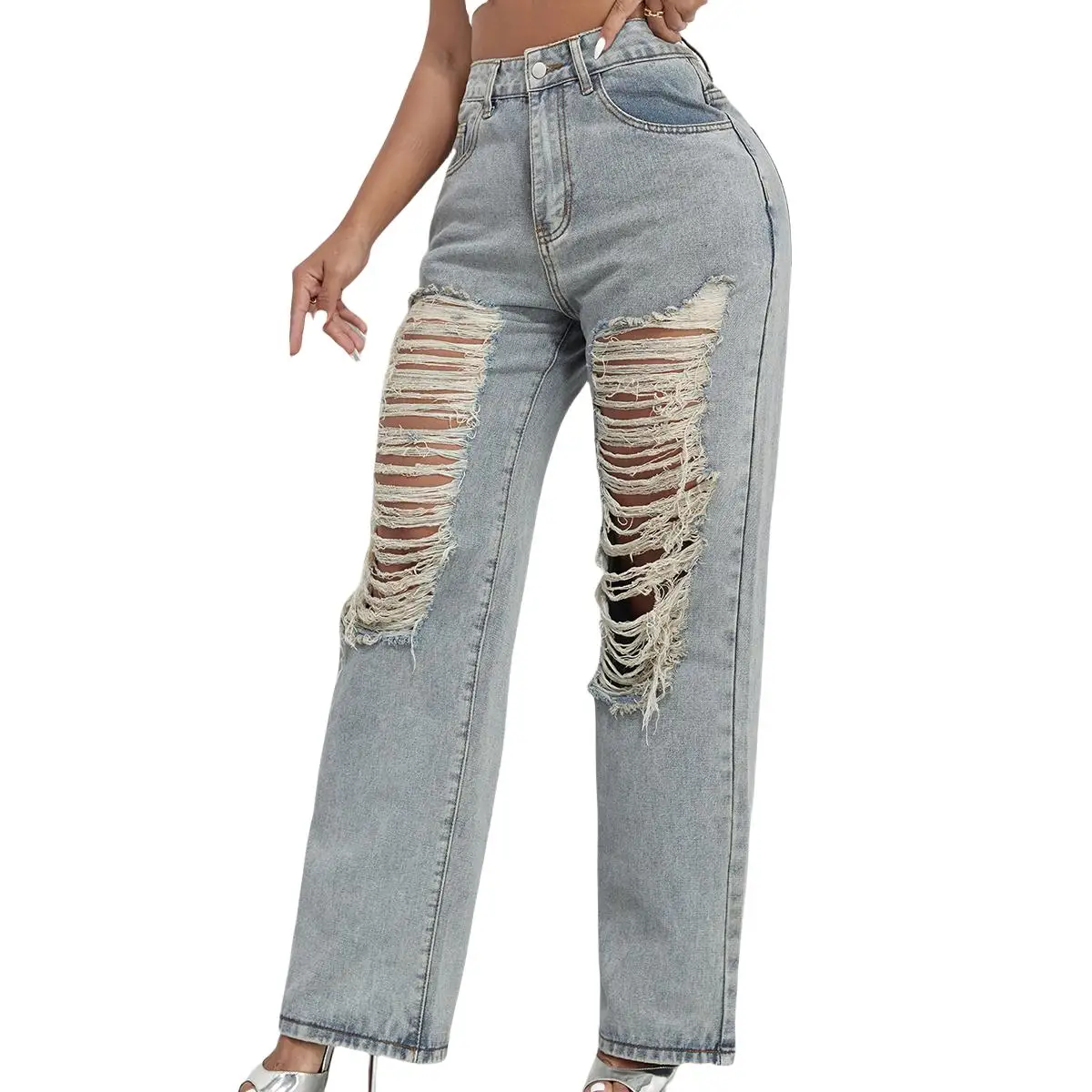 Summer Outfit-Butt Lifting Straight Leg Ripped Hole Denim Pants High Waisted Ripped Jeans Loose-fitting Womenswear Trouser