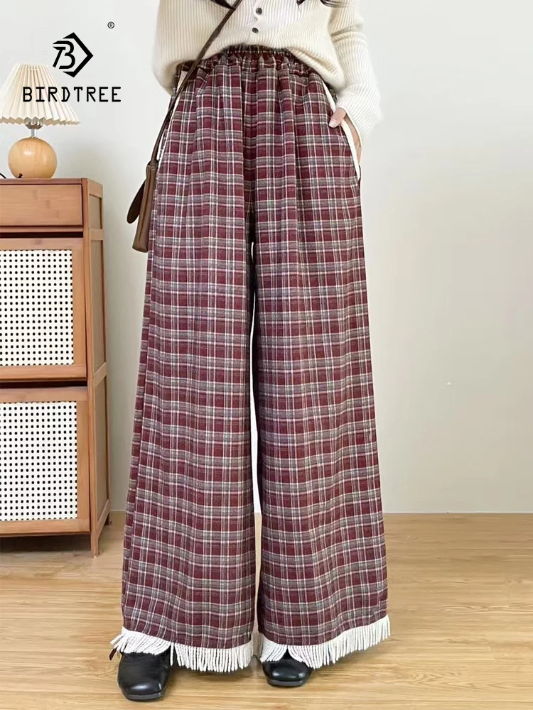 

Новые зимние хлопковые шерстяные широкие брюки 2025 года, женские клетчатые брюки с эластичной резинкой на талии и кисточками, французские возрастные брюки Mori Girl B5N559CC