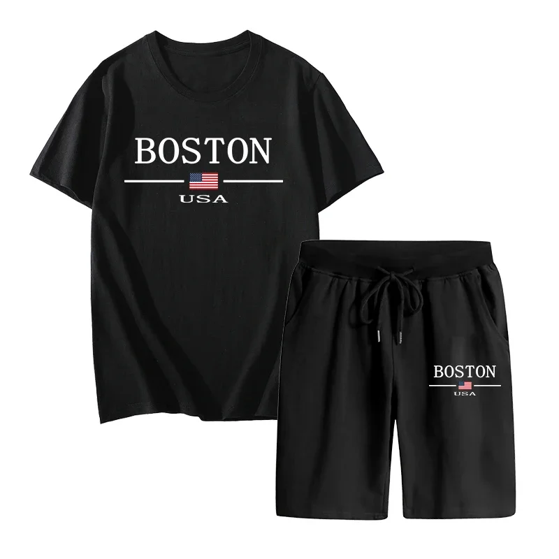 

Boston City Printed T-shirts and Loose Fifthpants Classic Mens Summer Casual Streetwear 2pcs Set Streetwear Tees 8 Colors Style
