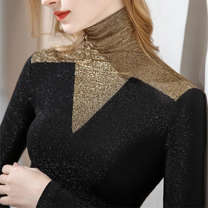 

Splicing Contrasting Color High Neck Inner Layer T-shirt for Women Autumn Winter Slim Fit Sexy Elegant Tops Trend Women Clothing