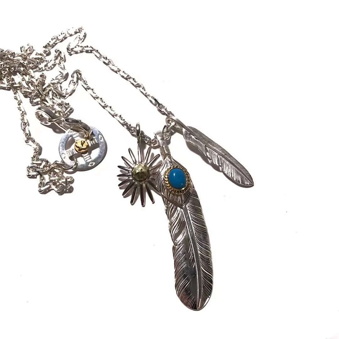 Fashion Japanese Takahashi goros feather inlaid turquoise feather silver sun decorative set necklace