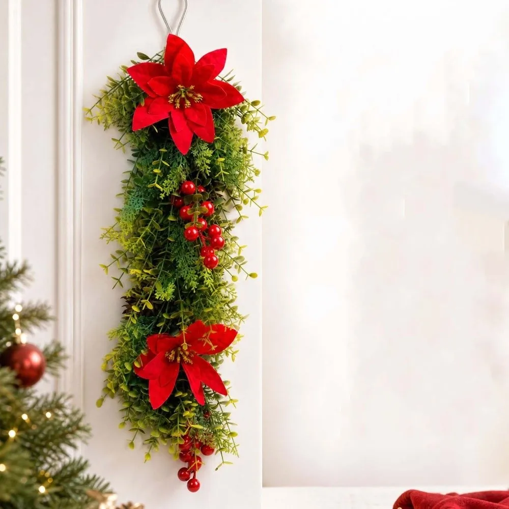 Red Berries Christmas Door Swag Teardrop Shape Poinsettia Blossoms Artificial Pine Needle Easy Installation Durable Quality