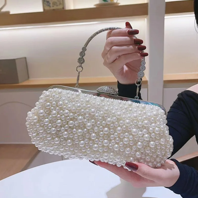 Vintage Beaded Messenger Evening Bag for Women,Imitation Pearl Shell Shoulder Purse,Elegant Diamond Clutch for Wedding and Party