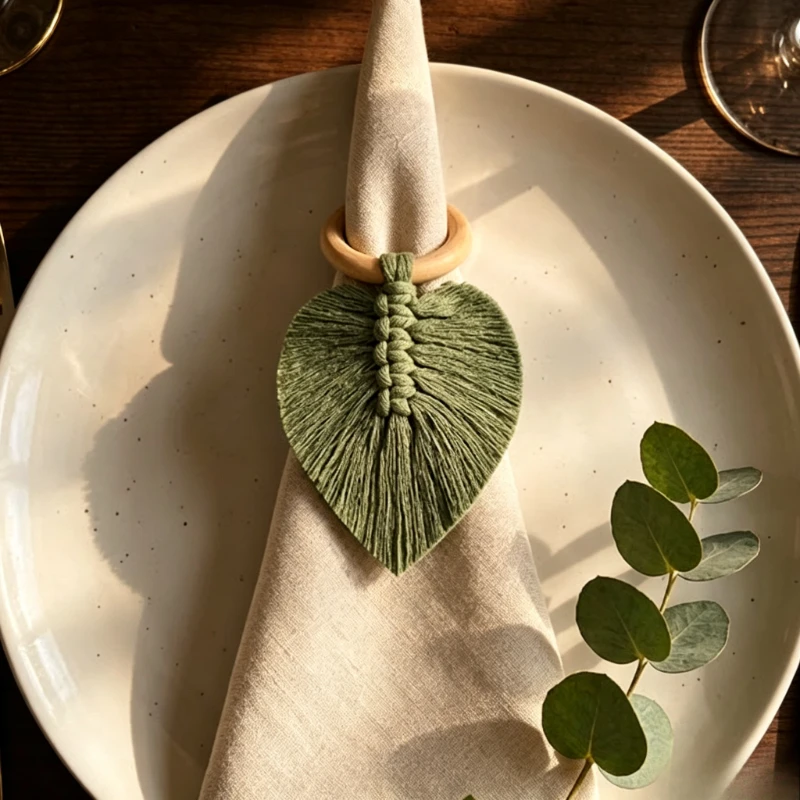 Nordische Boho Handgefertigte Makramee-Blatt Holz-Serviettenringe Quasten-Serviettenhalter für Café Hotel Hochzeit Tischdekoration
