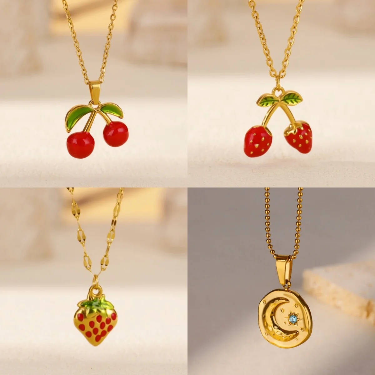 Süße Kirsch-Erdbeer-Damen-Anhänger-Halsketten in Goldfarbe aus Edelstahl, Valentinstag-Schmuck-Halskette, kostenloser Versand