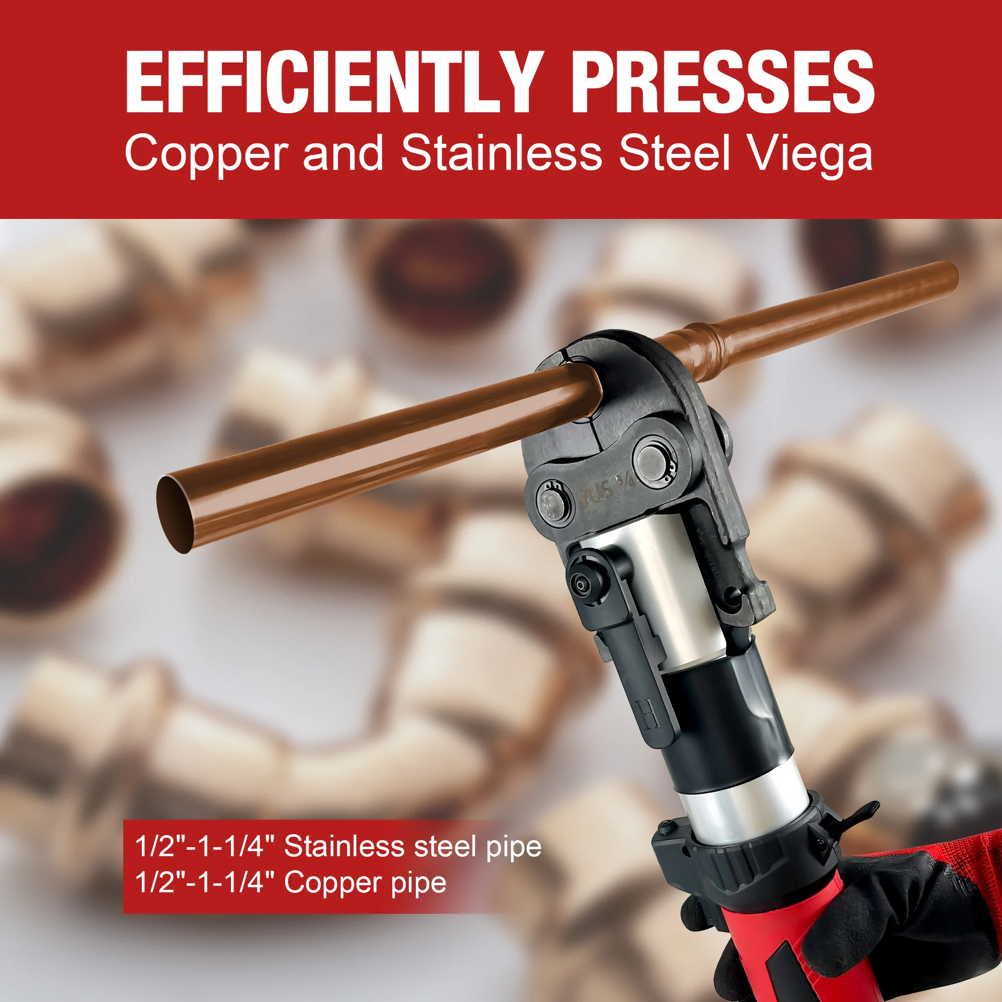 Pro Press Kupfer-Crimper Propress-Werkzeug mit 4 Backen 1/2", 3/4", 1", 1-1/4", batteriebetriebenes Crimpwerkzeug 42 kN für US-Standard-Cop