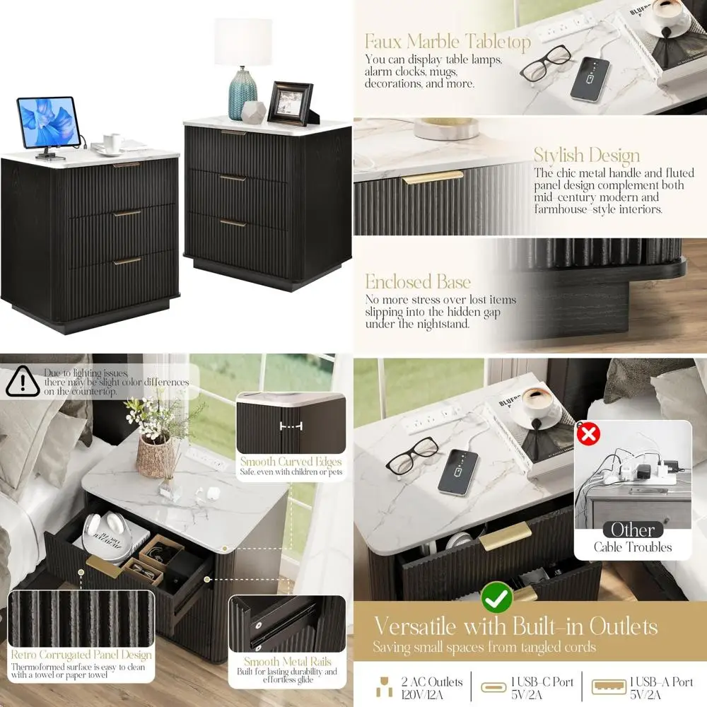 Mid Century Style 2-Piece Fluted Nightstand Set with Charging Station, Faux Marble Top, and 3 Storage Drawers for Bedside Use