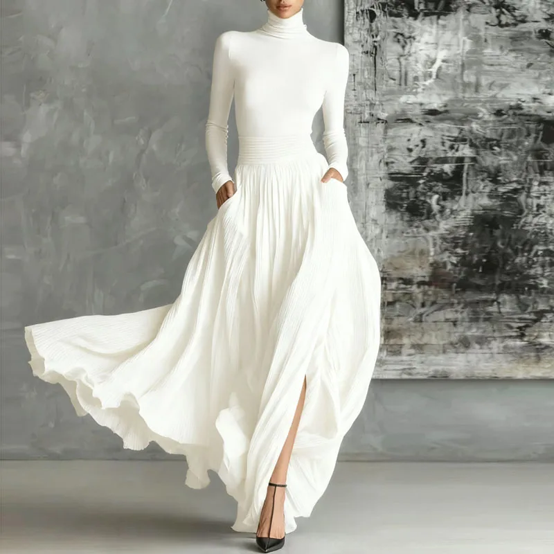 프렌치 스타일 레트로 솔리드 롱 드레스 수트 여성 우아한 터틀넥 탑 풀오버 & 플리츠 맥시 스커트 2피스 세트 가을 의상