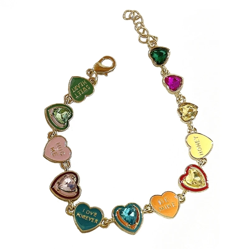 Sweet Girls Wrist Chain Vibrant Colorful Rhinestones Love Heart Bracelets Letter Bangle Fashion Accessory for Girls Dropship